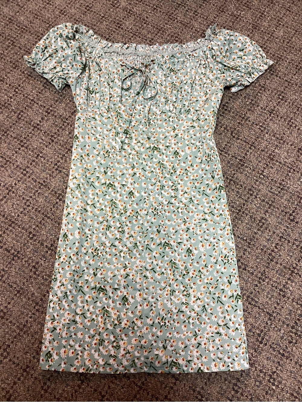 SHEIN Mint Green Ruched Daisy Floral Off-Shoulder Dress * Size XS